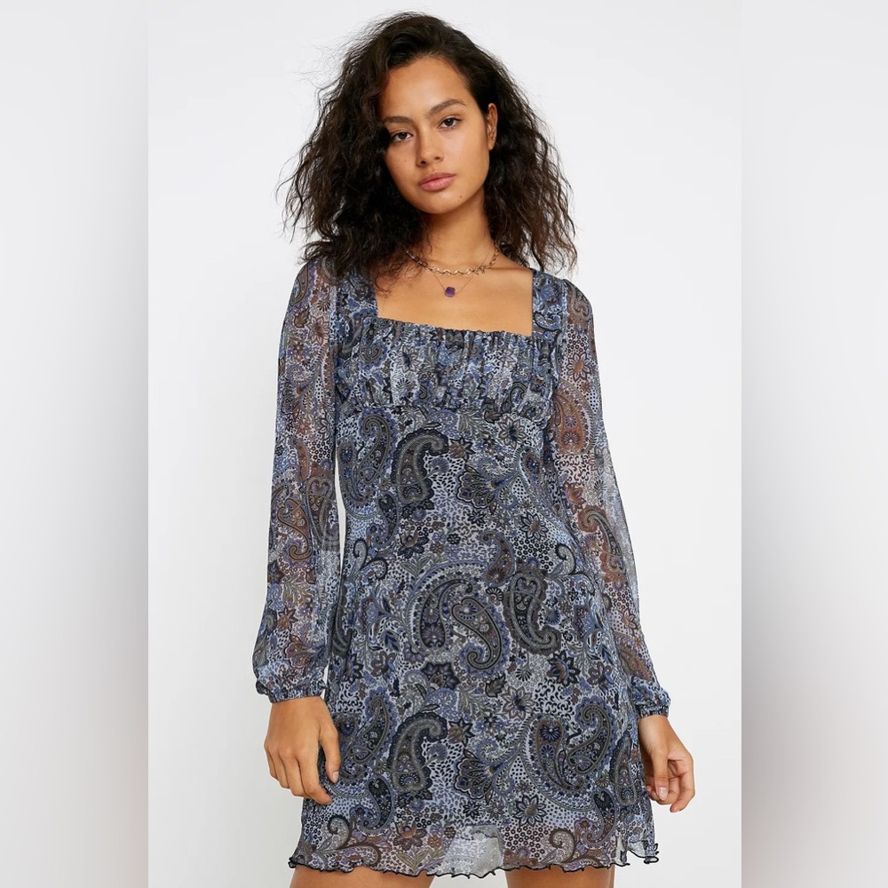 Urban Outfitters Renewal Paisley Mini y2k Dress Sz Md Babydoll Blue Floral Fairy - Picture 1 of 13